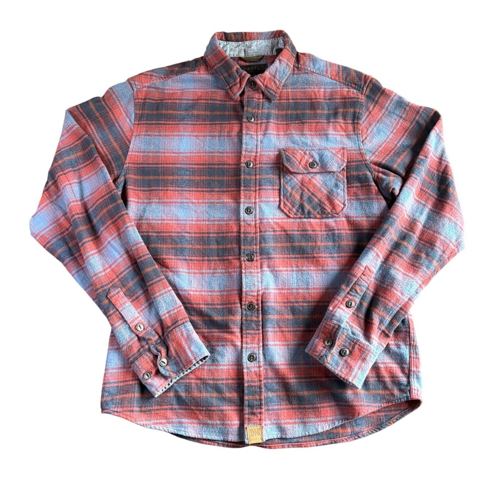 DKOTA Grizzly Mens Flannel Shirt Plaid‎ Button Up L Coral Blue Gray